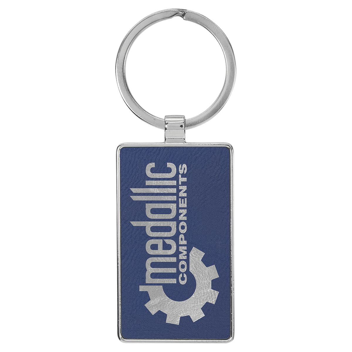 Personalized blue/silver leatherette keychain with rectangle metal frame