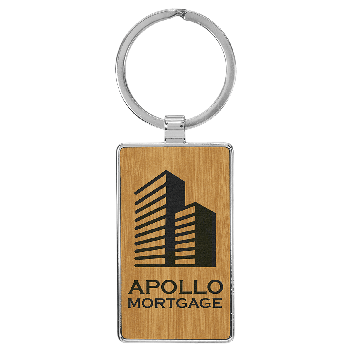 Personalized bamboo leatherette keychain with rectangle metal frame