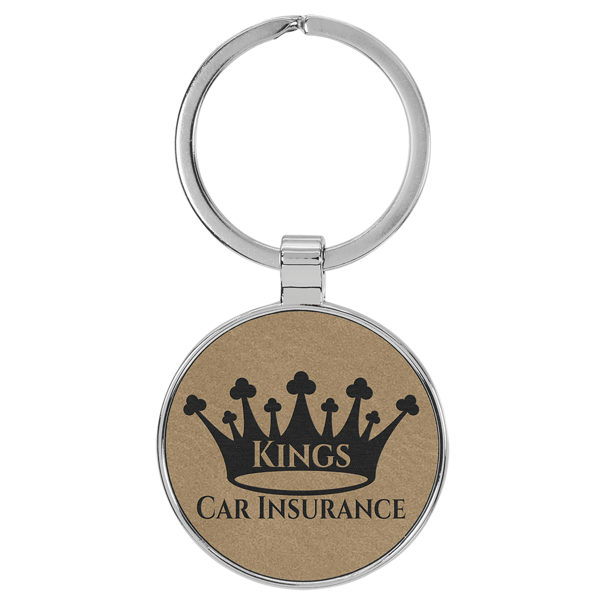 Personalized light brown leatherette keychain with round metal frame