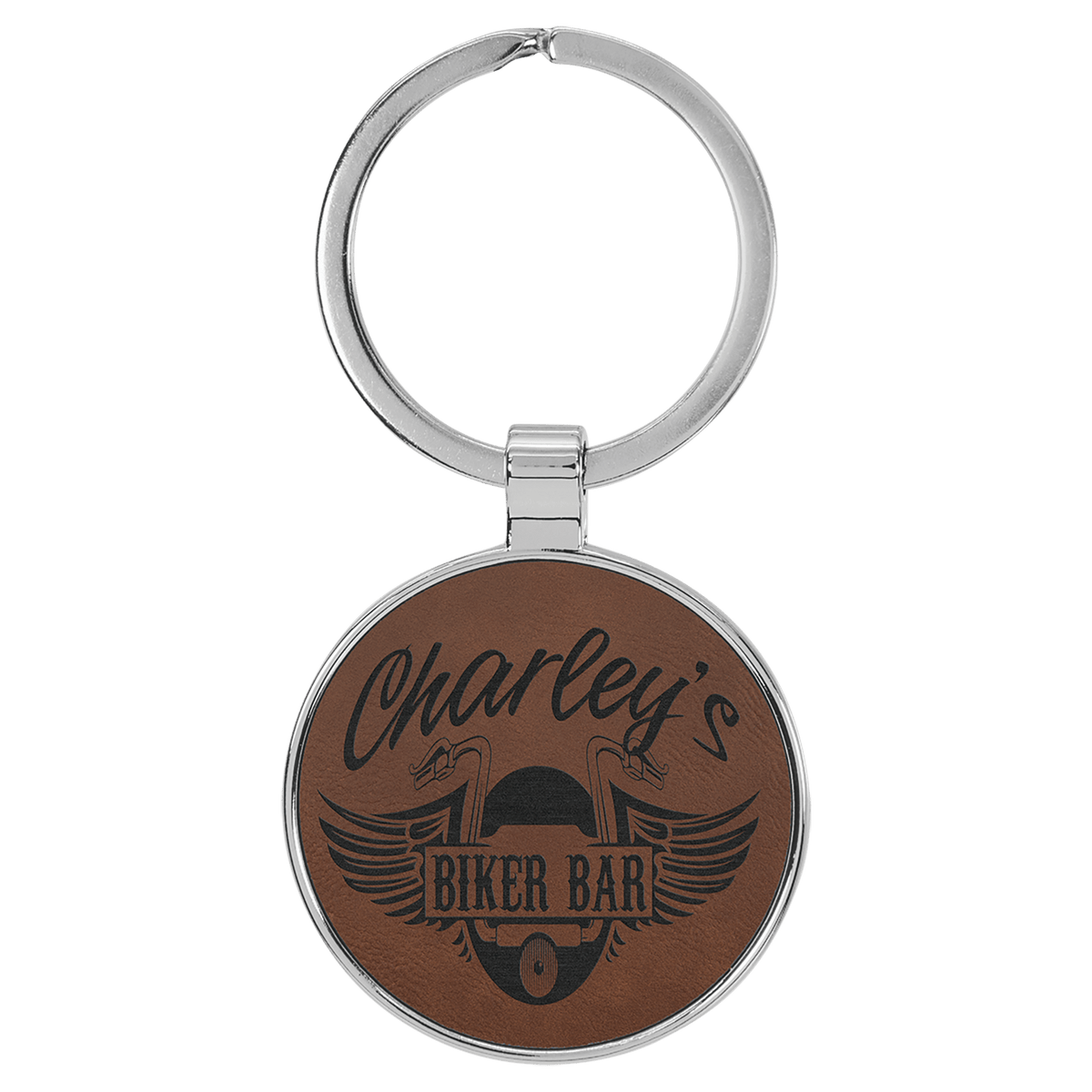 Personalized dark brown leatherette keychain with round metal frame