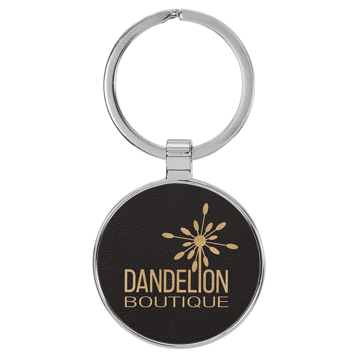 Personalized black/gold leatherette keychain with round metal frame