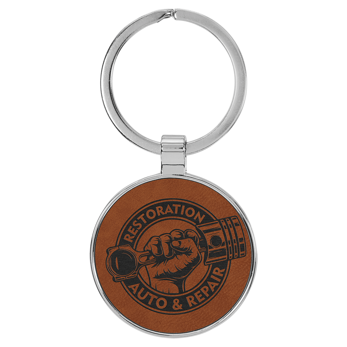 Personalized rawhide leatherette keychain with round metal frame