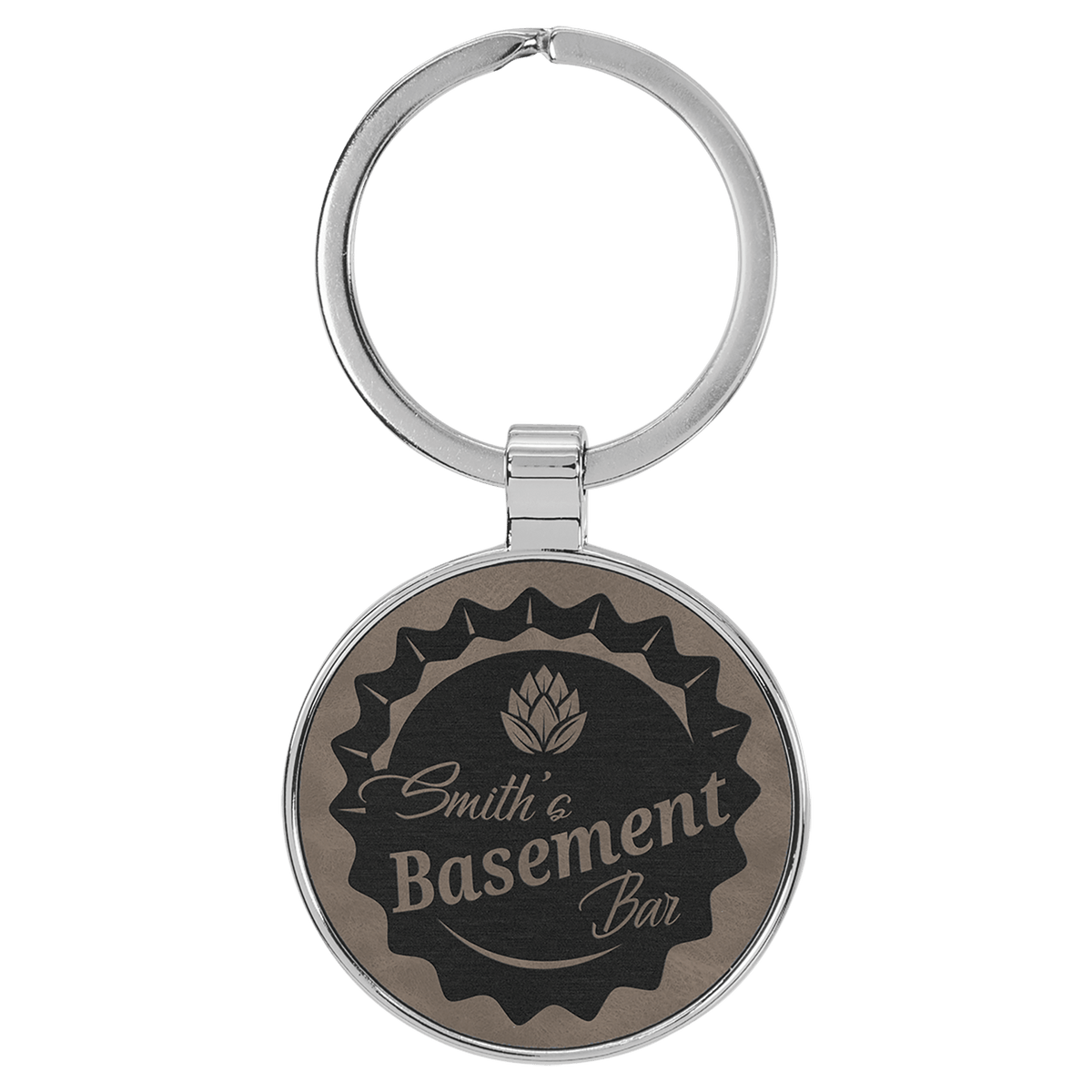 Personalized gray leatherette keychain with round metal frame