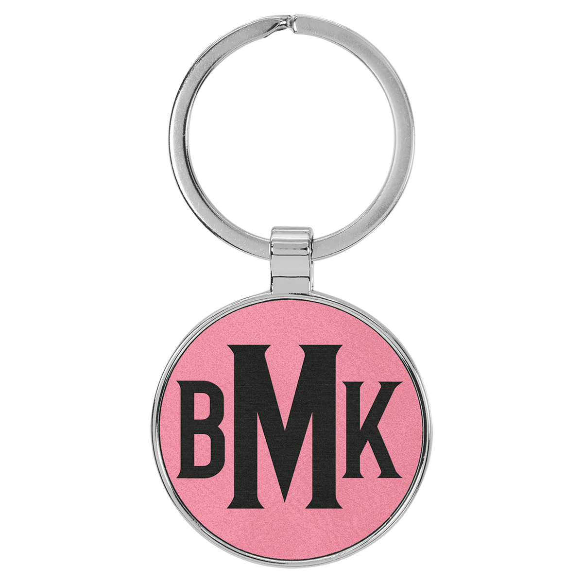 Personalized pink leatherette keychain with round metal frame