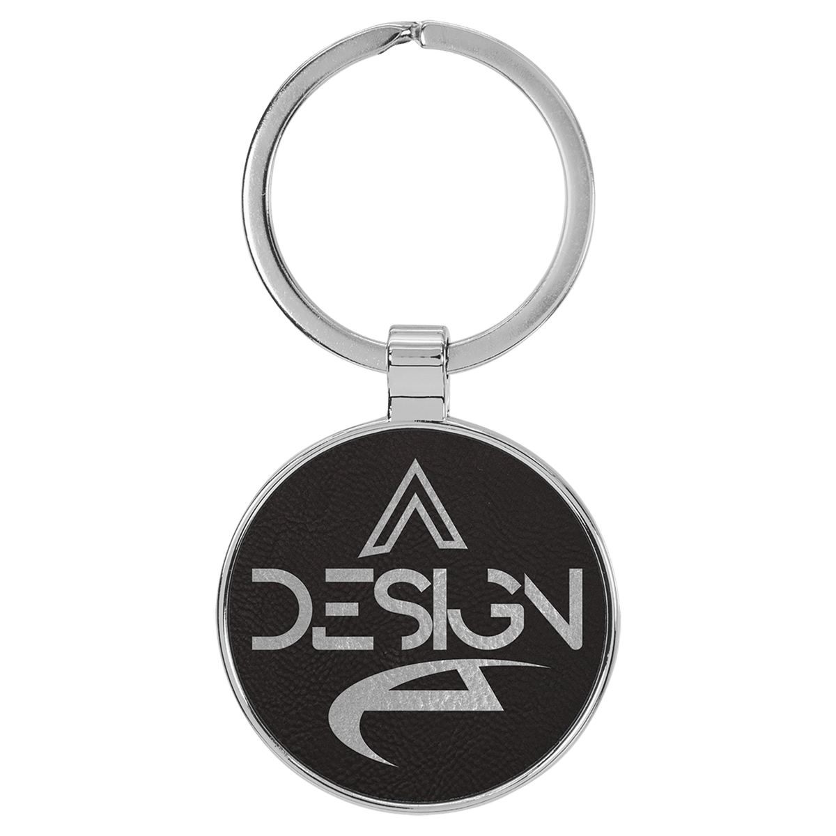 Personalized black/silver leatherette keychain with round metal frame