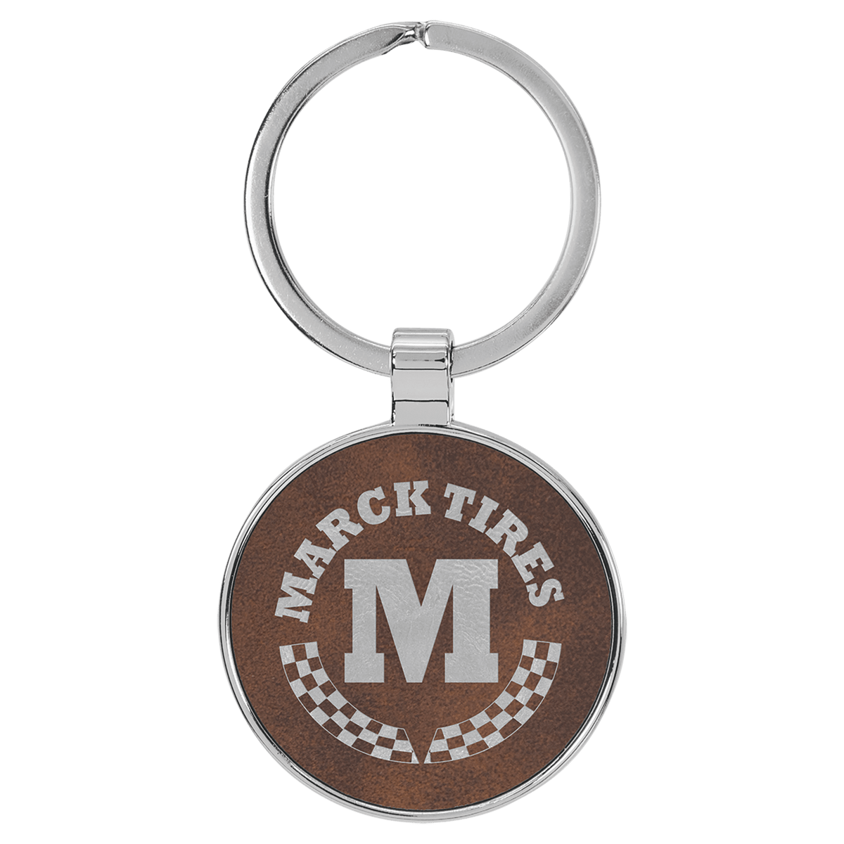 Personalized rustic/silver leatherette keychain with round metal frame