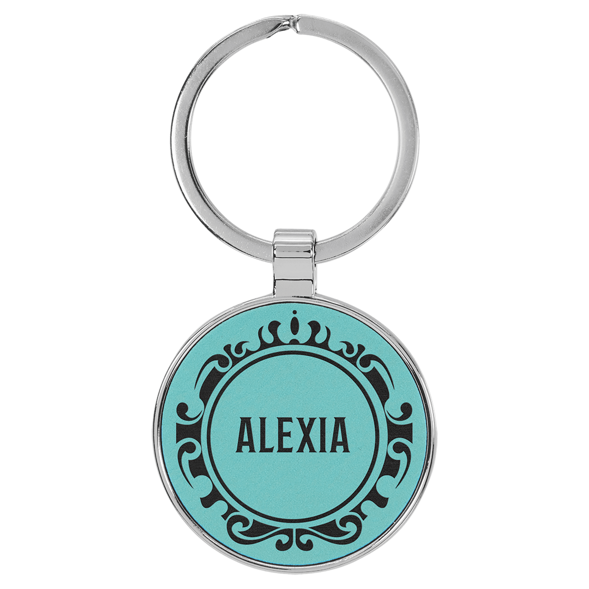 Personalized teal leatherette keychain with round metal frame