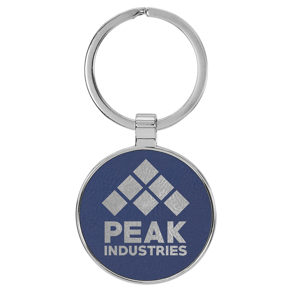 Personalized blue/silver leatherette keychain with round metal frame