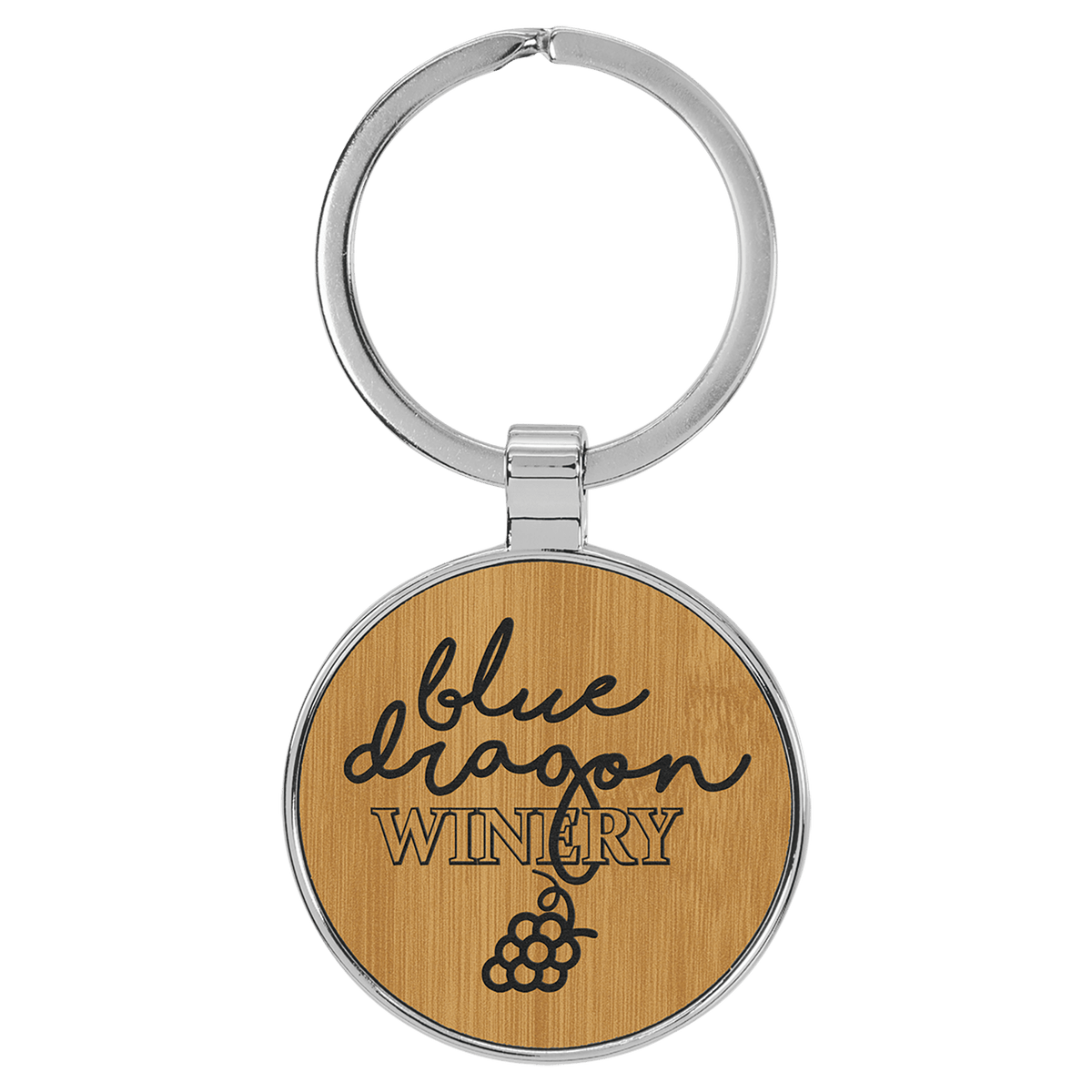 Personalized bamboo leatherette keychain with round metal frame