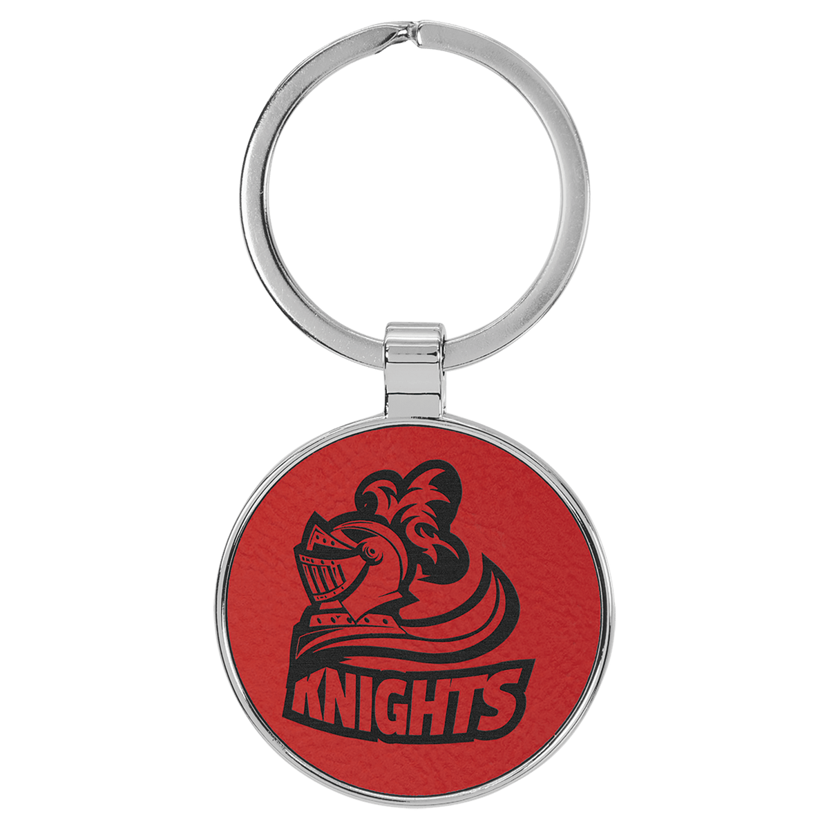 Personalized red leatherette keychain with round metal frame