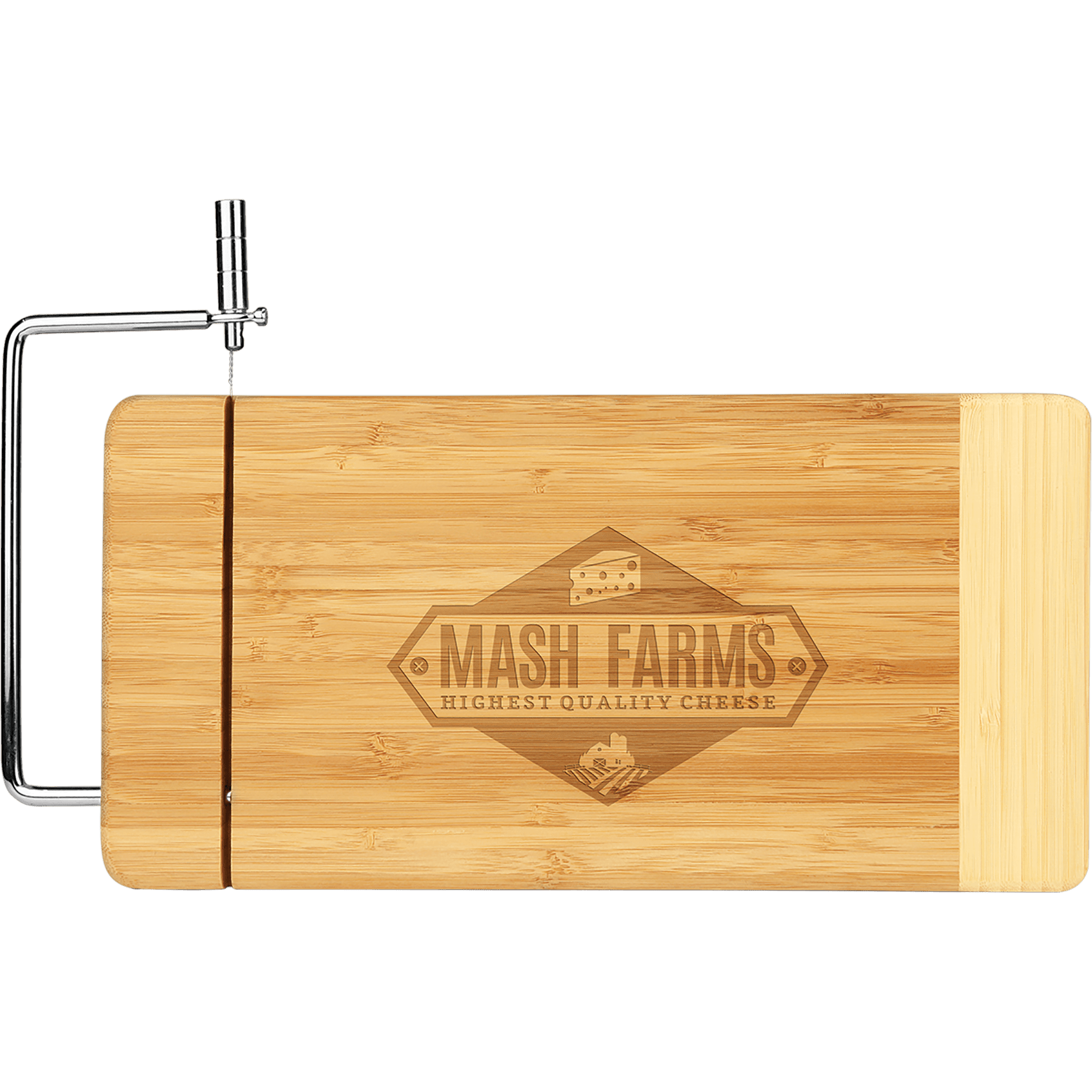 Wooden cutting board with a cheese slicer and 'Mash Farms' branding on a clear background