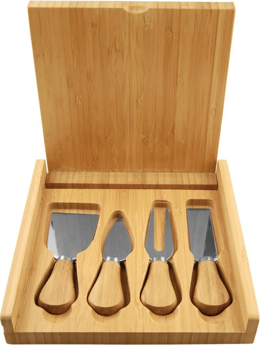 Set of four cheese tools in a wooden box