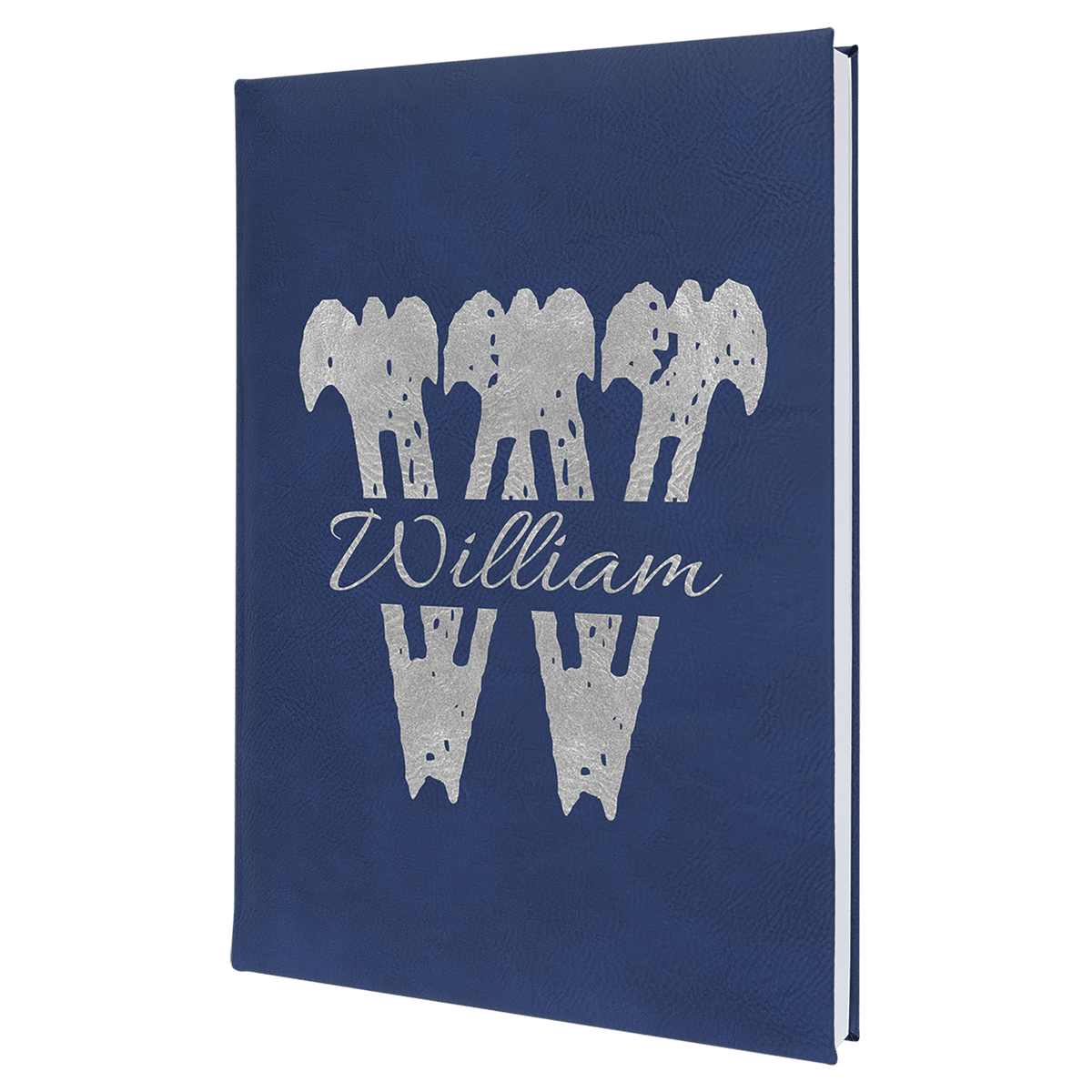 Personalized blue/silver leatherette journal with lined pages, 7 x 9.75 inch