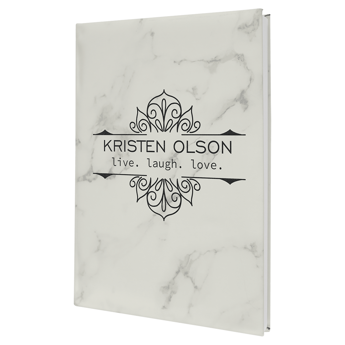 Personalized white marble leatherette journal with lined pages, 7 x 9.75 inch