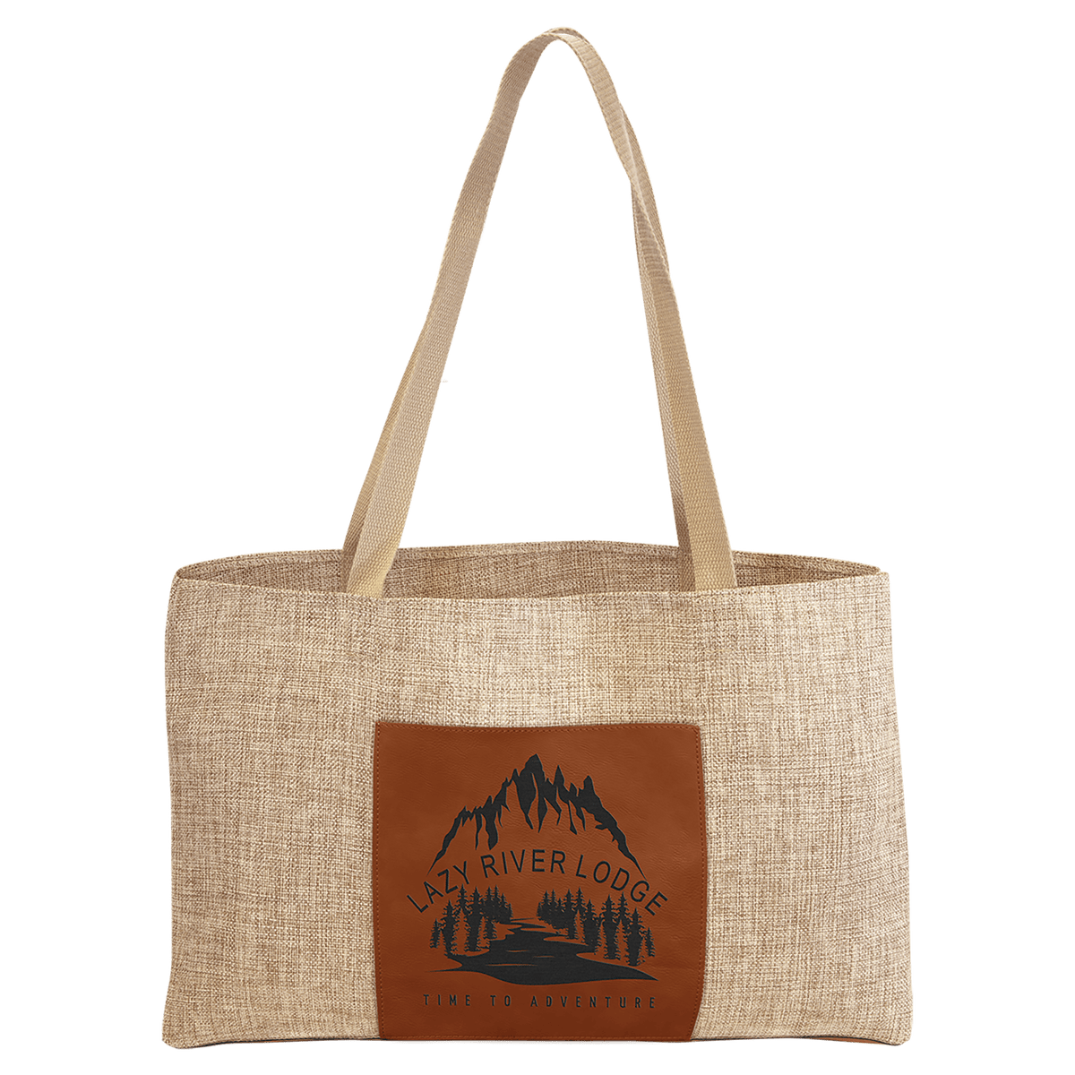 Personalized burlap tote bag with rawhide leatherette pocket