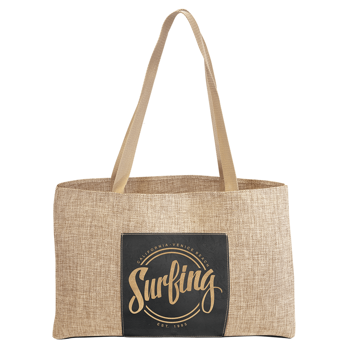 Personalized burlap tote bag with black/gold leatherette pocket