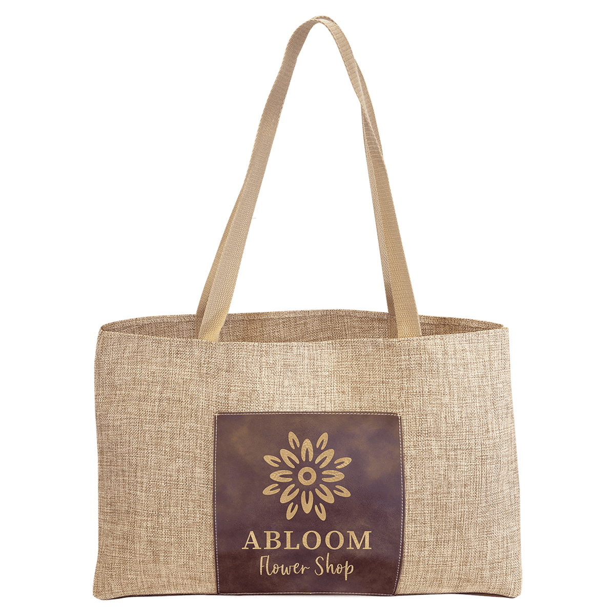 Personalized burlap tote bag with rustic/gold leatherette pocket