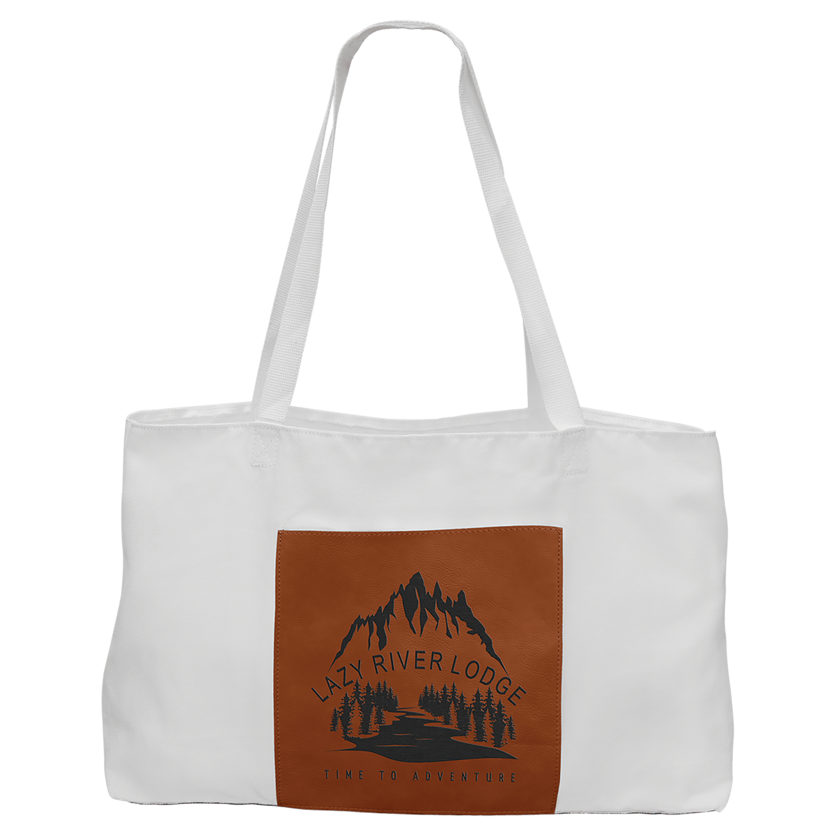 Personalized white canvas tote bag with rawhide leatherette pocket