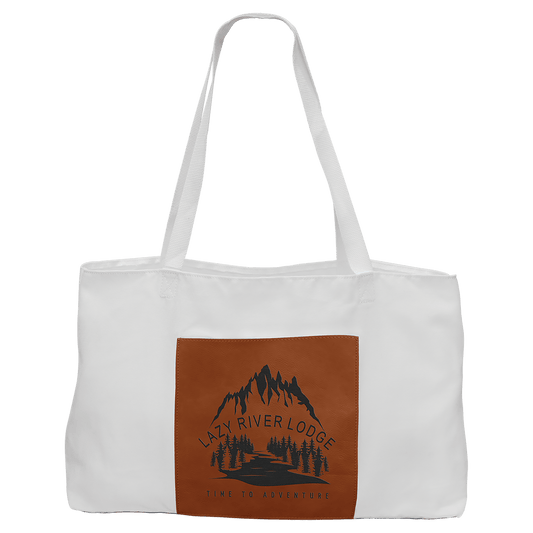 Personalized white canvas tote bag with rawhide leatherette pocket