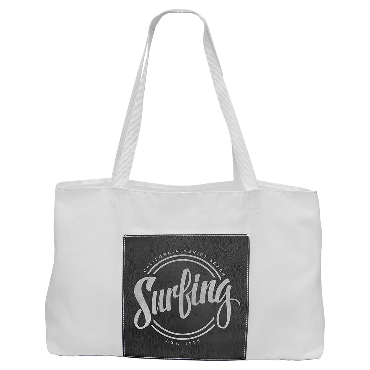 Personalized white canvas tote bag with black/silver leatherette pocket