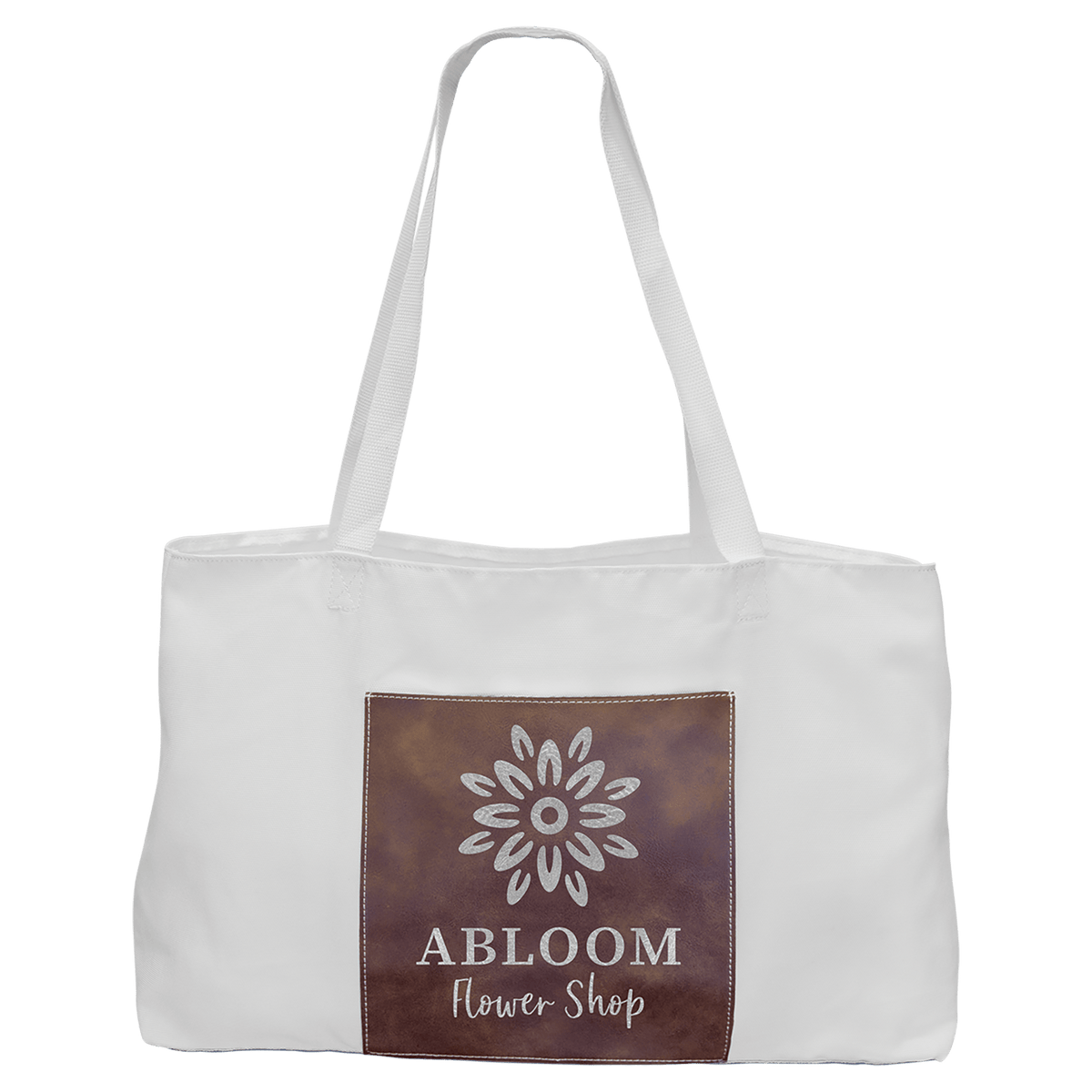 Personalized white canvas tote bag with rustic/silver leatherette pocket