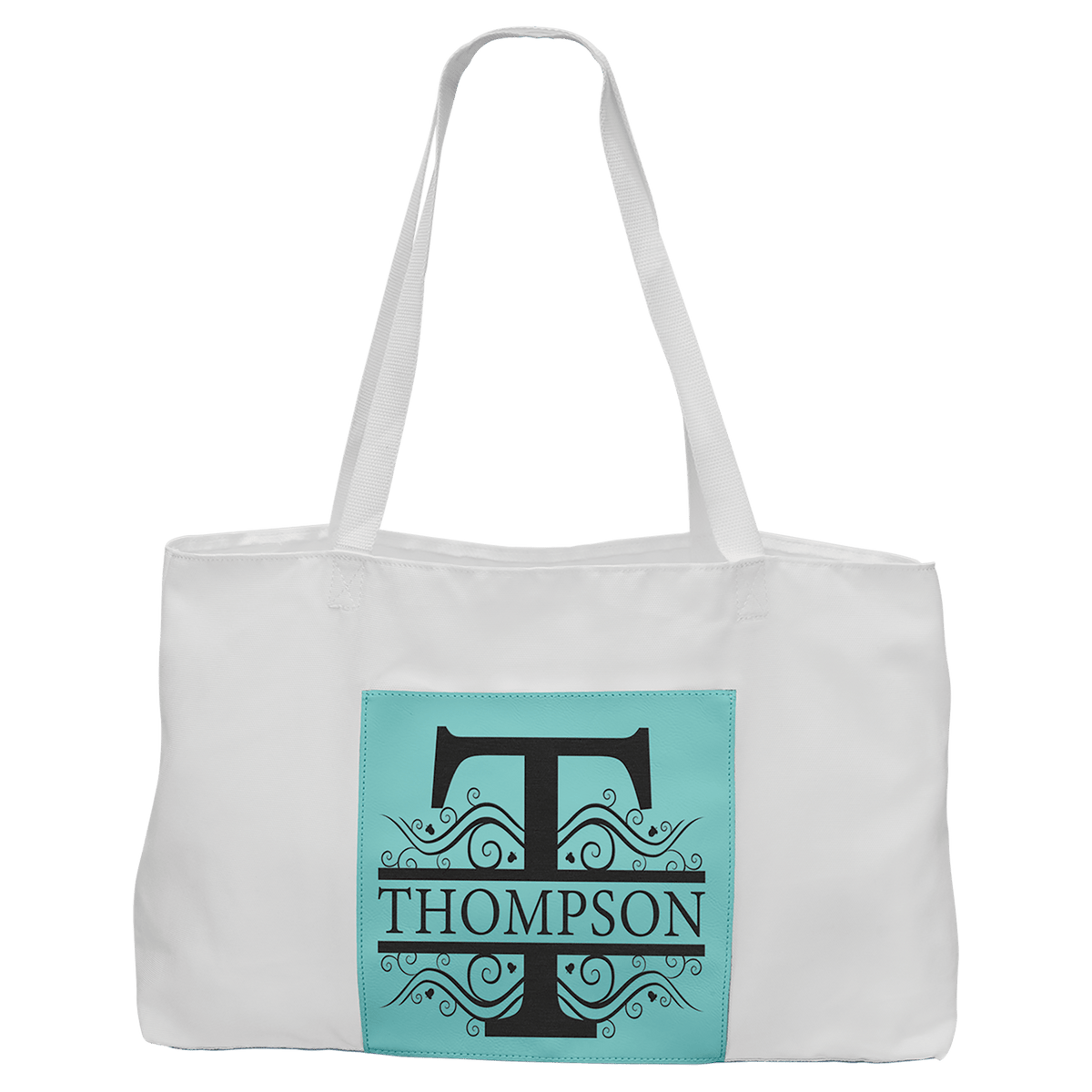 Personalized white canvas tote bag with teal leatherette pocket