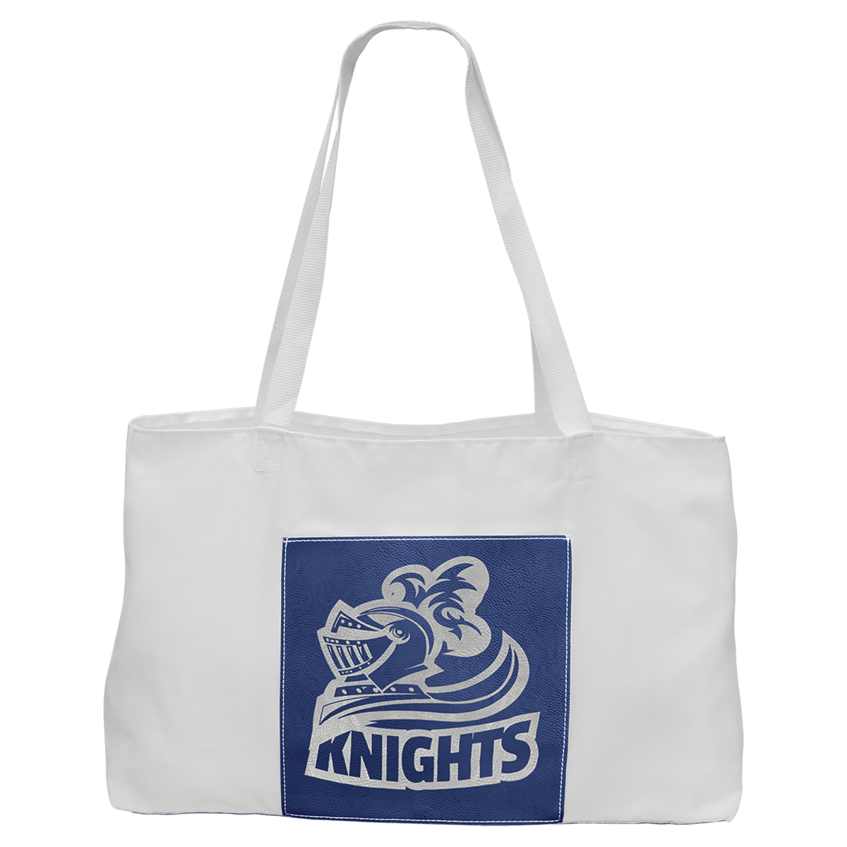 Personalized white canvas tote bag with blue/silver leatherette pocket