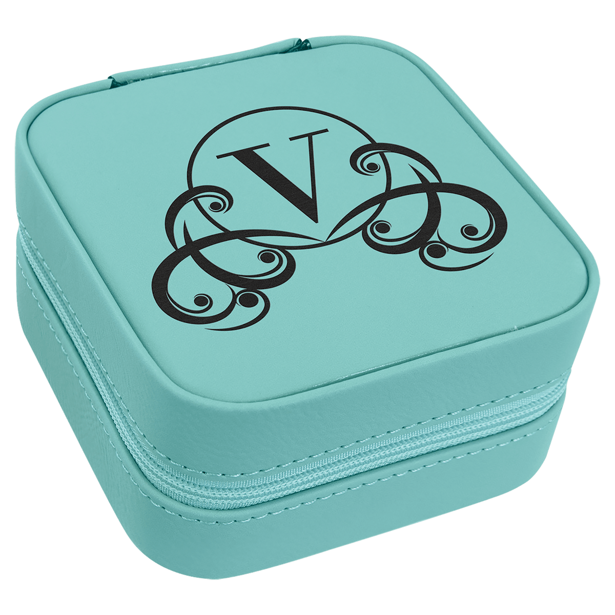 Personalized teal leatherette travel jewelry box