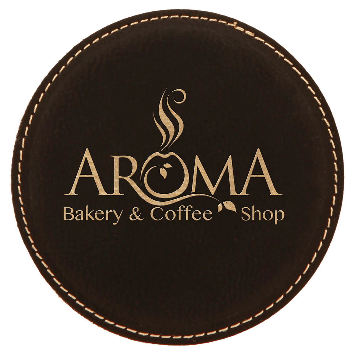 Personalized 4 inch round black/gold leatherette coaster