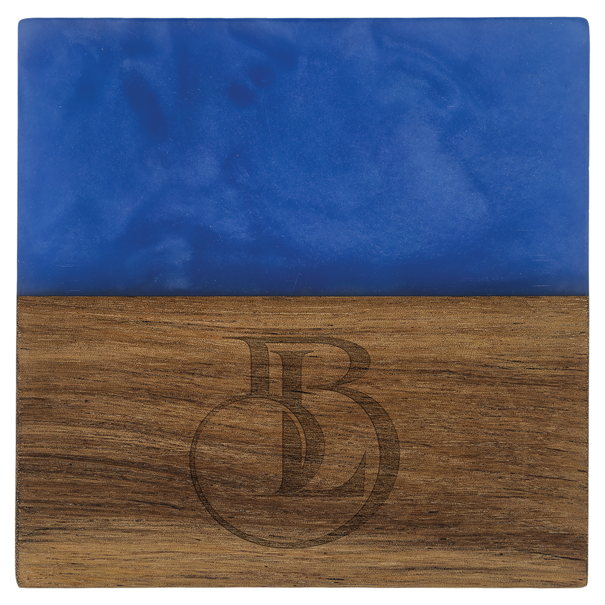 Personalized square acacia wood coaster with blue pearl resin, engraved