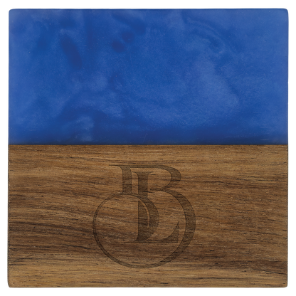 Personalized square acacia wood coaster with blue pearl resin, engraved