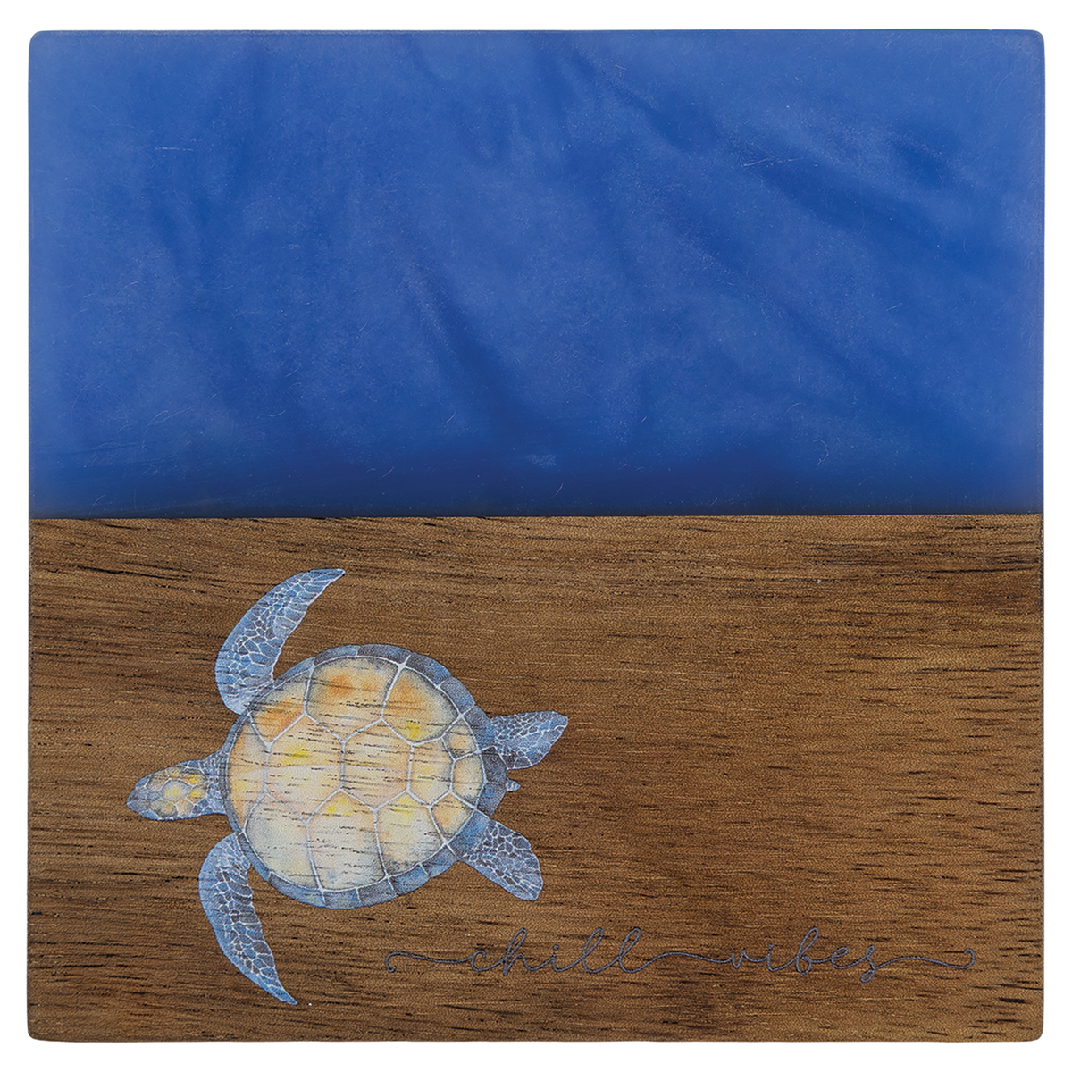 Engraved acacia and blue pearl resin square coaster with a drink