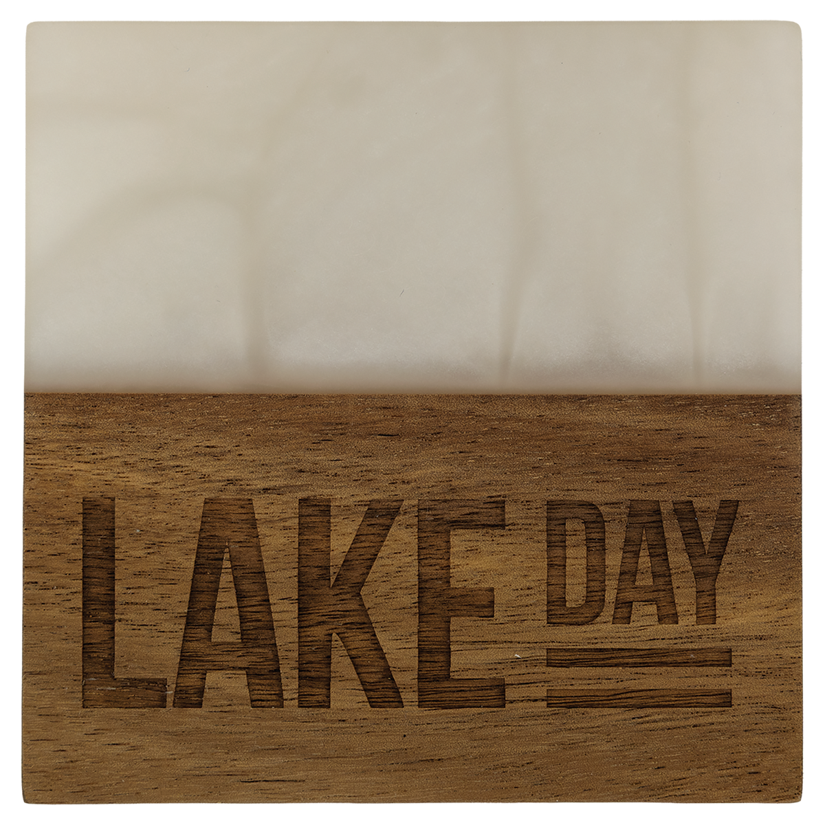 Personalized square acacia wood coaster with white pearl resin, engraved