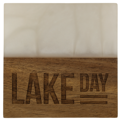 Personalized square acacia wood coaster with white pearl resin, engraved