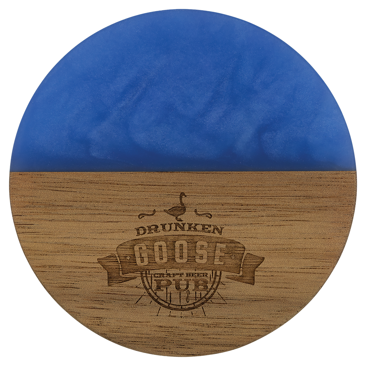 Personalized round acacia wood coaster with blue pearl resin, engraved