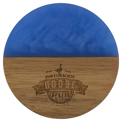 Personalized round acacia wood coaster with blue pearl resin, engraved