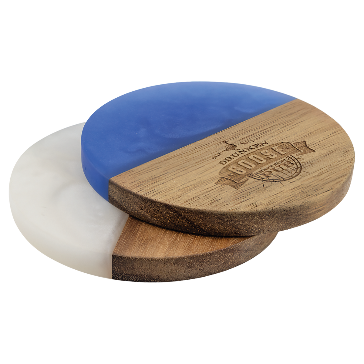 Round acacia coasters in blue pearl and white pearl resin