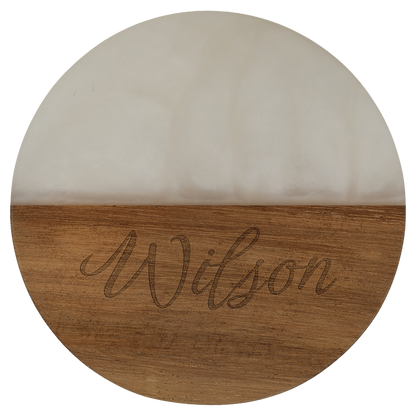 Personalized round acacia wood coaster with white pearl resin, engraved
