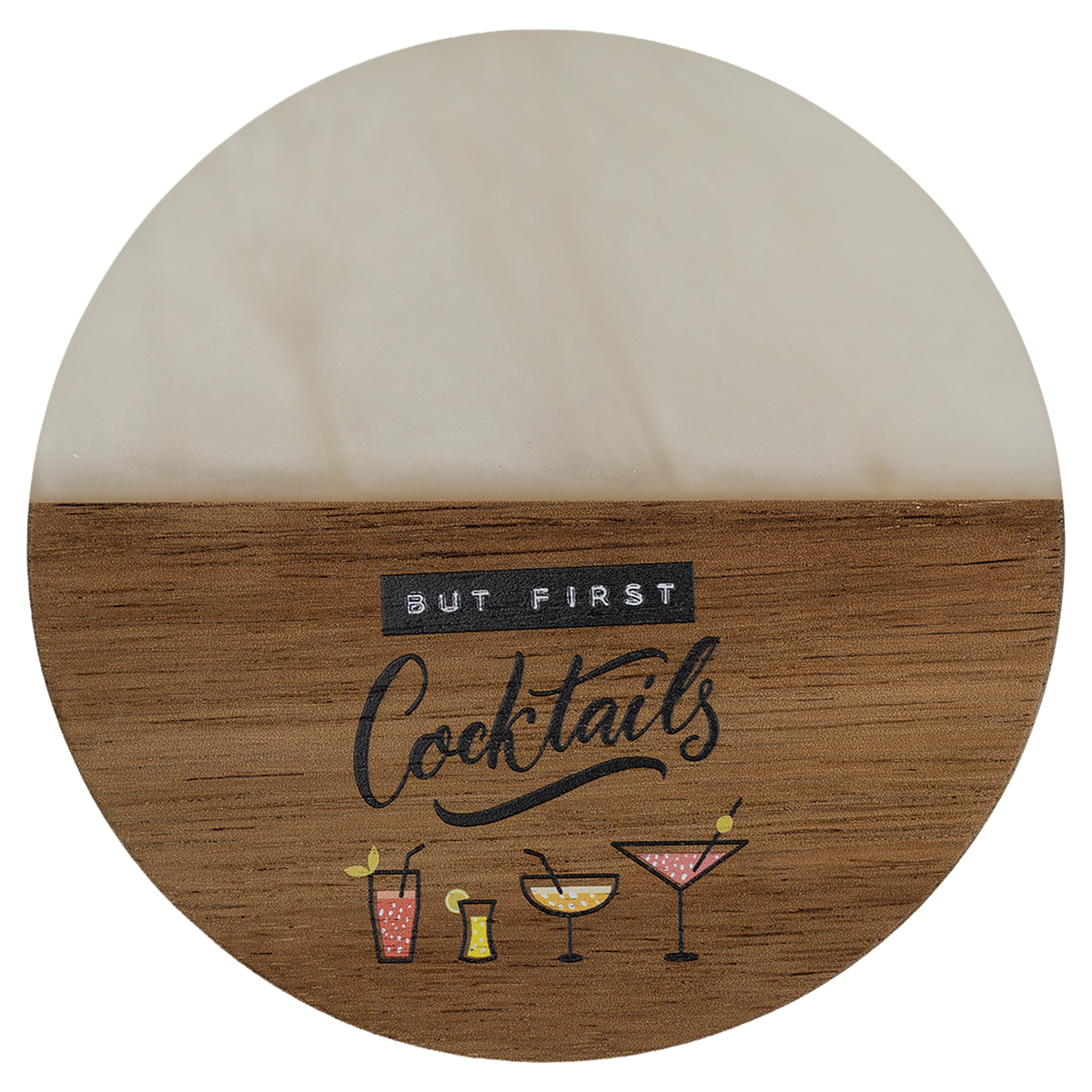 Engraved round acacia and white pearl resin coaster with a drink