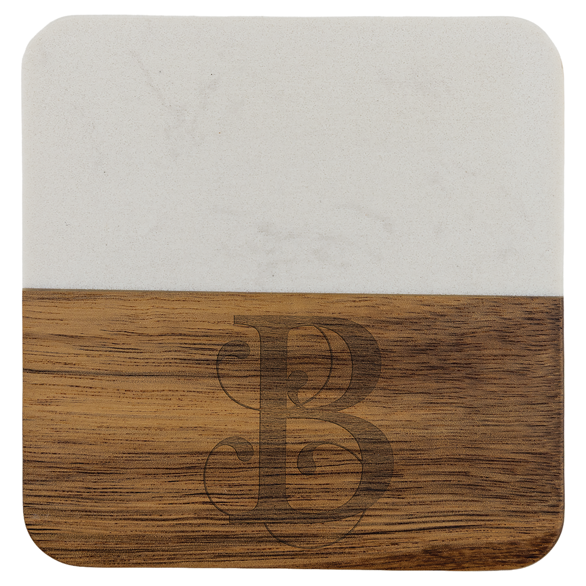 Personalized square acacia wood coaster with white marble accent, engraved