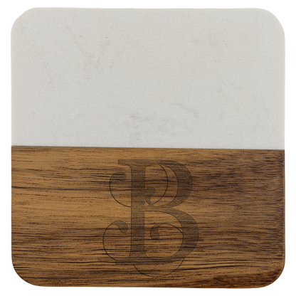 Personalized square acacia wood coaster with white marble accent, engraved