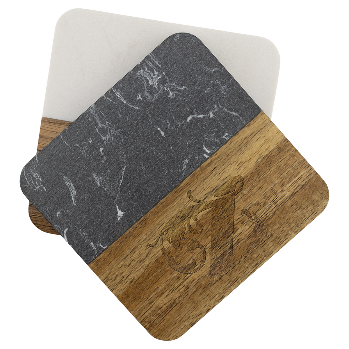 Engraved square acacia coasters with white and black marble