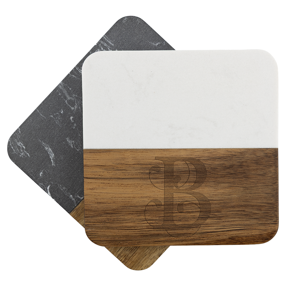 Square acacia and marble coasters shown together