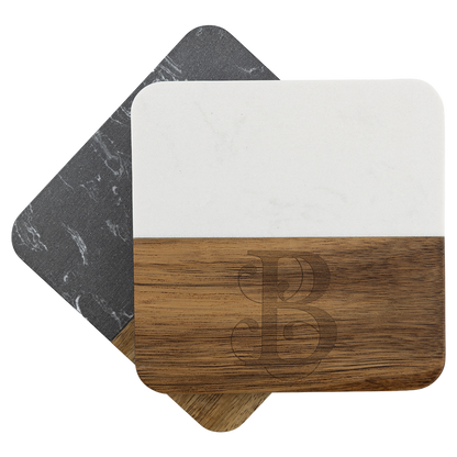 Square acacia and marble coasters shown together