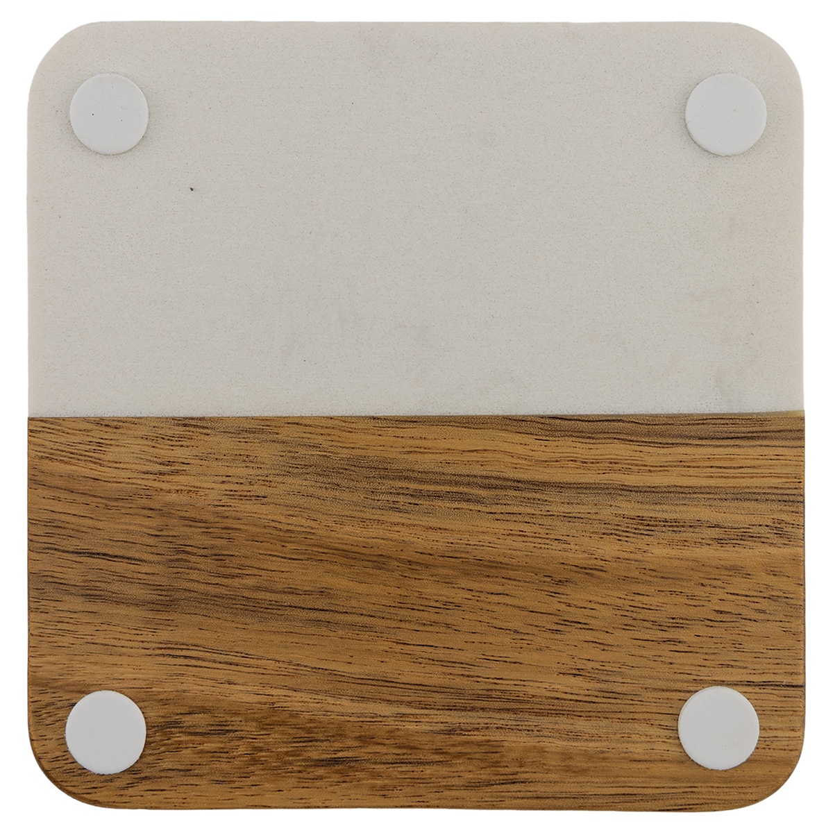 Bottom of square acacia and white marble coaster