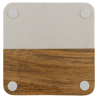 Bottom of square acacia and white marble coaster