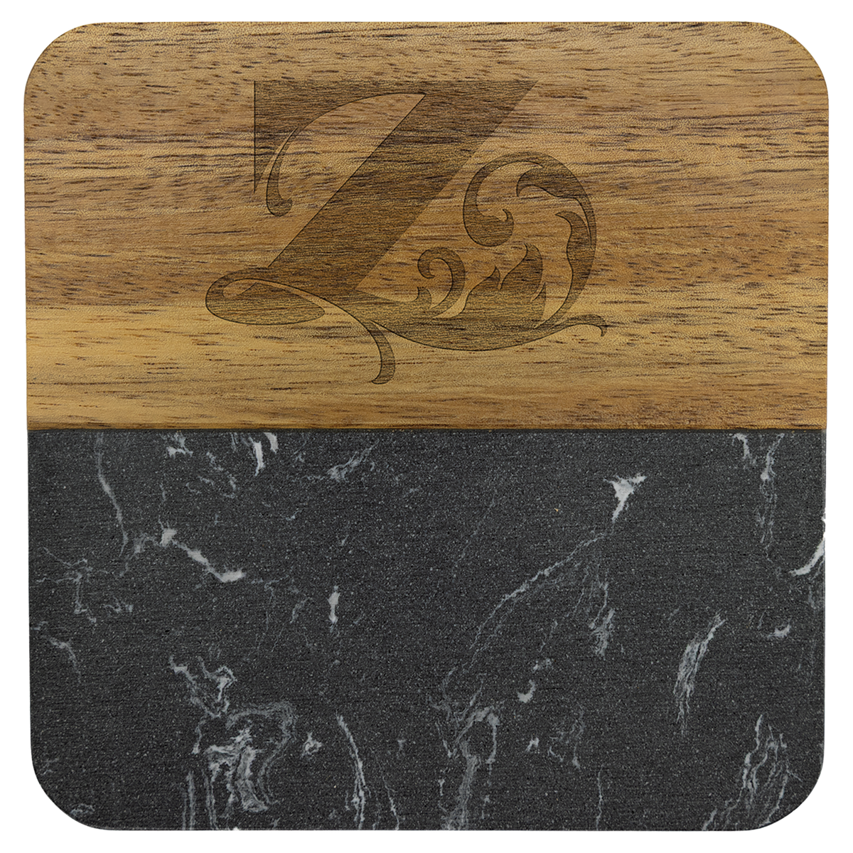 Personalized square acacia wood coaster with black marble accent, engraved