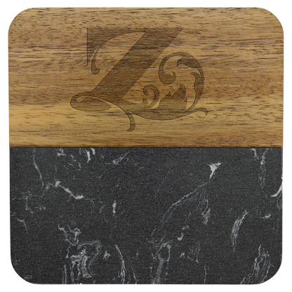 Personalized square acacia wood coaster with black marble accent, engraved