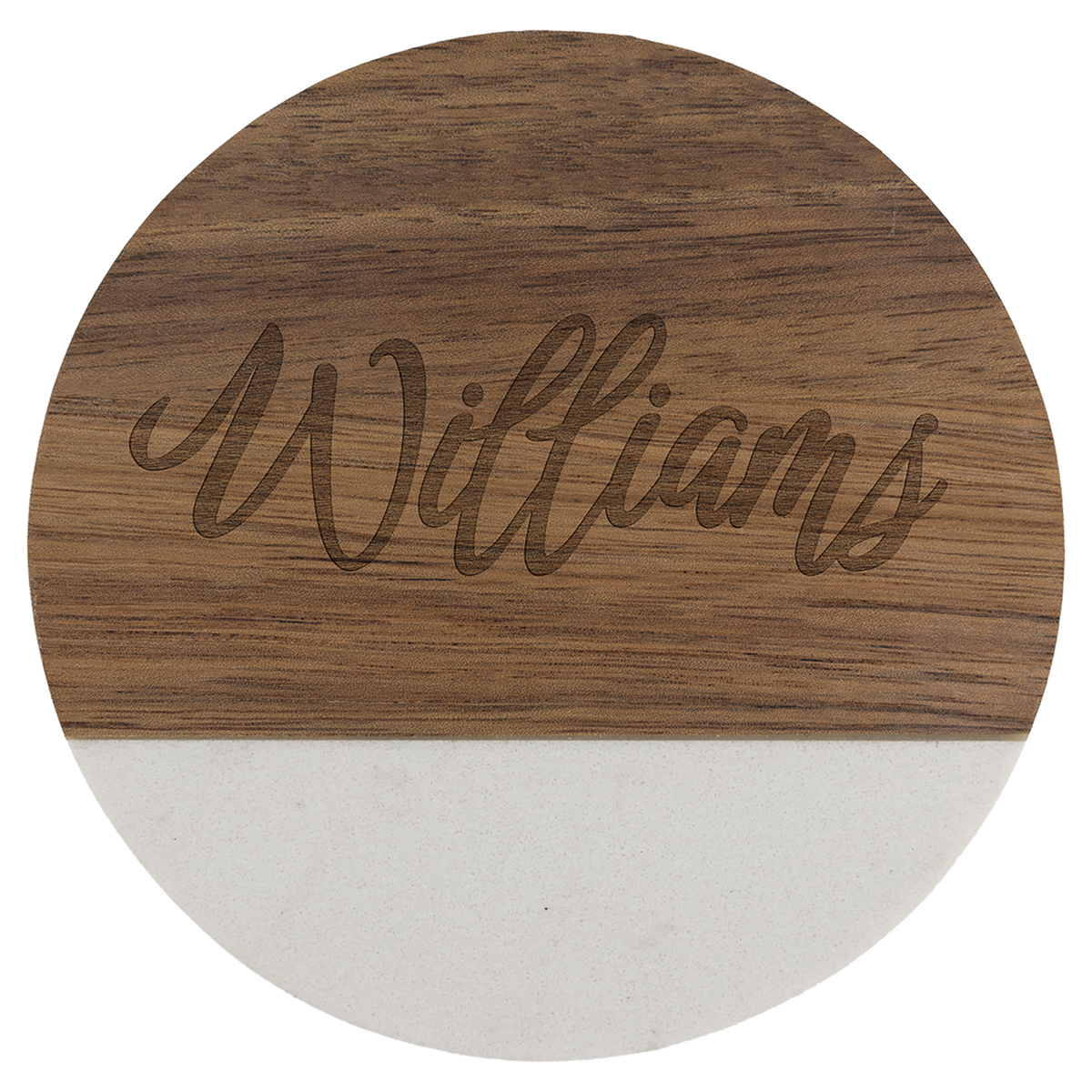 Personalized round acacia wood coaster with white marble accent, engraved