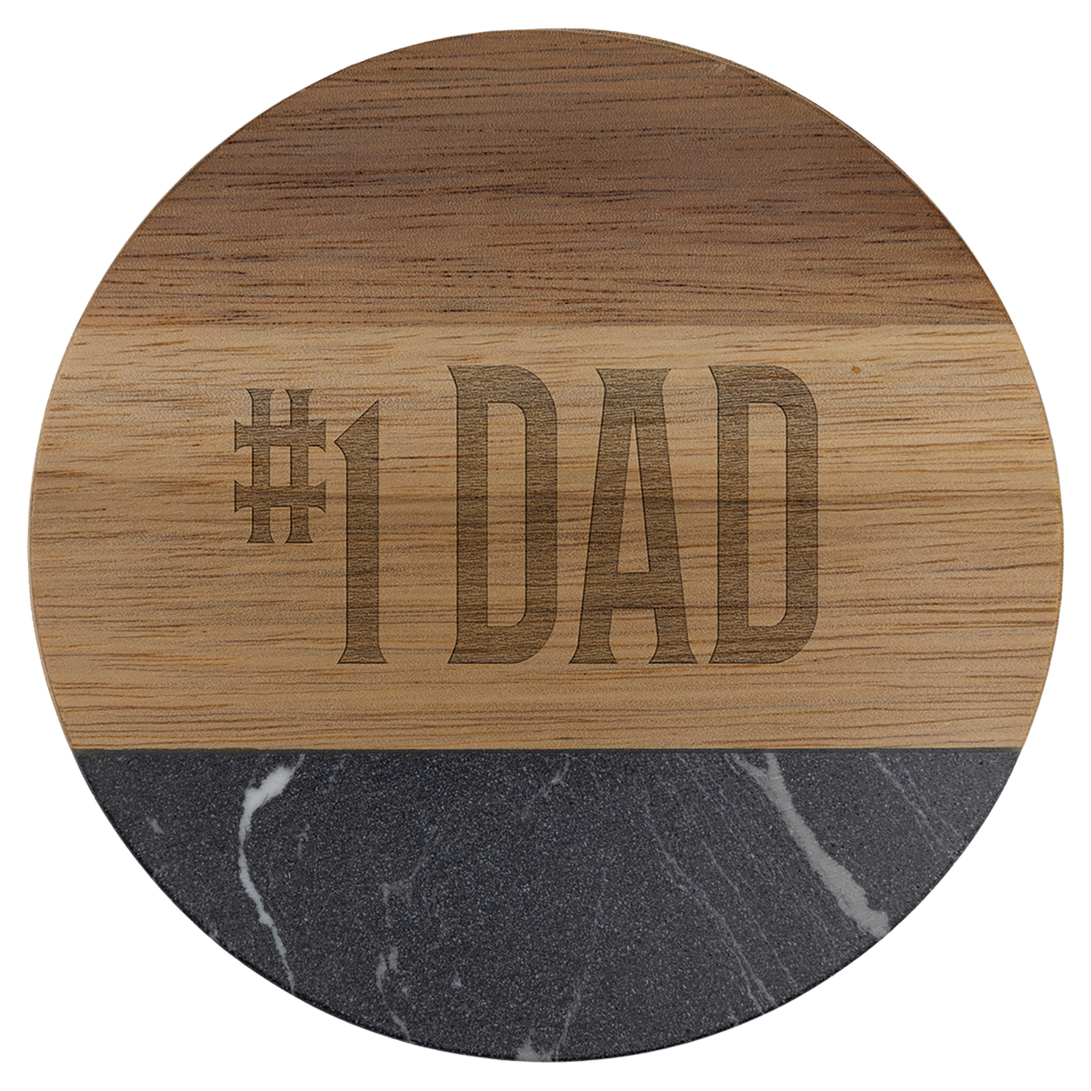 Personalized round acacia wood coaster with black marble accent, engraved